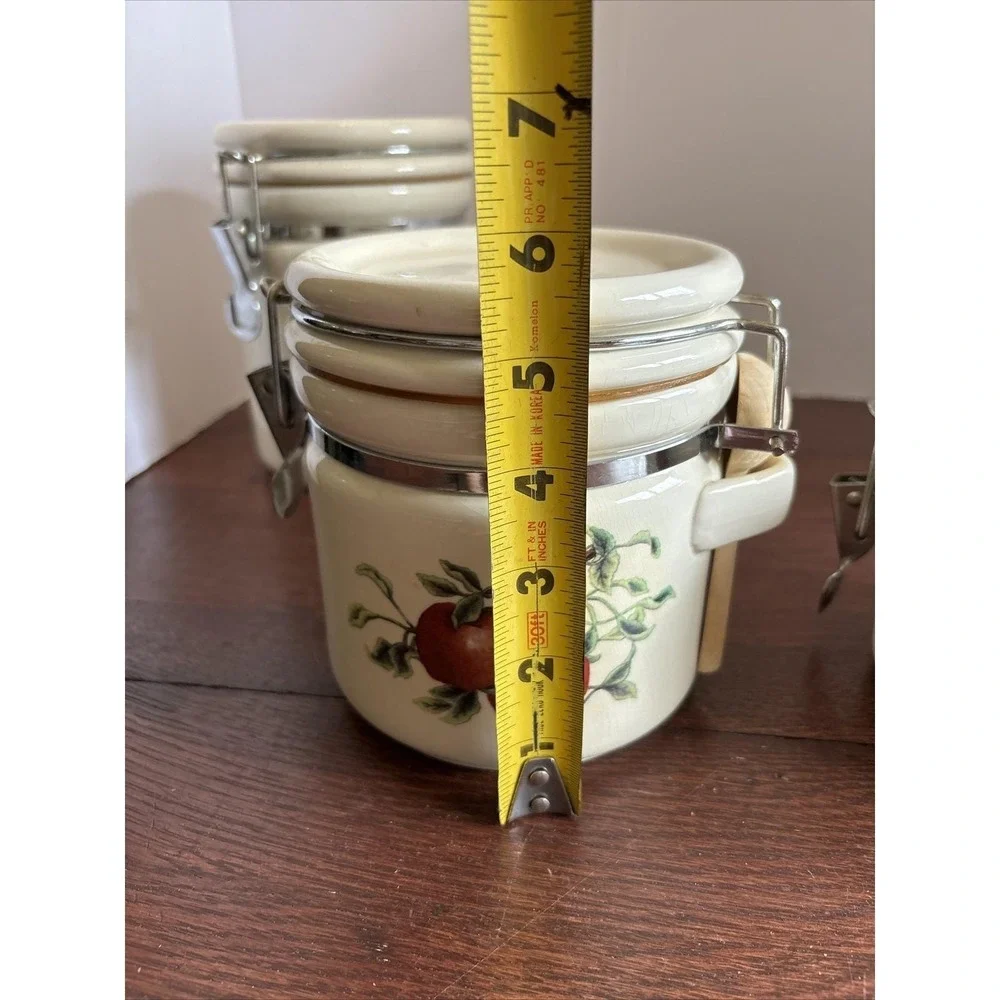Vintage Ceramic Food Canister Set Pears Apples Grapes‎ With Wooden Spoons